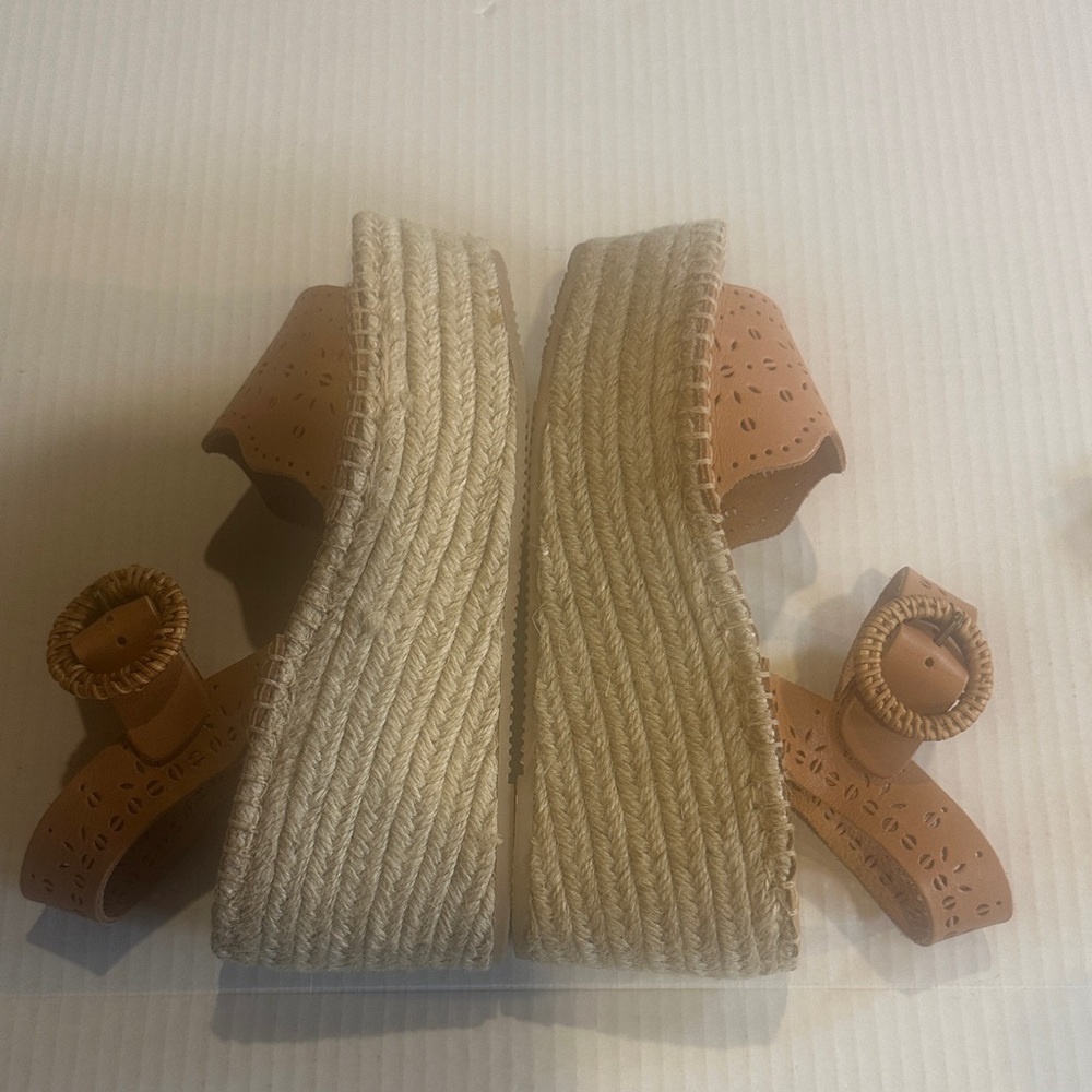 Soludos x Anthro laser tan Sofia Tan leather Woven Platform espadrille Sandals - Picture 4 of 13